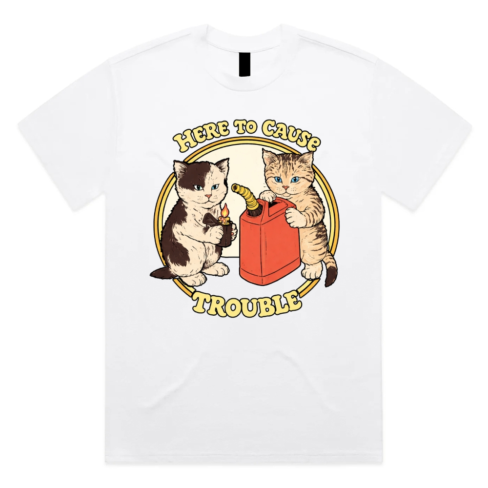 Here To Cause Trouble - Cotton Classic Fit Retro Dark Humor Graphic Tee
