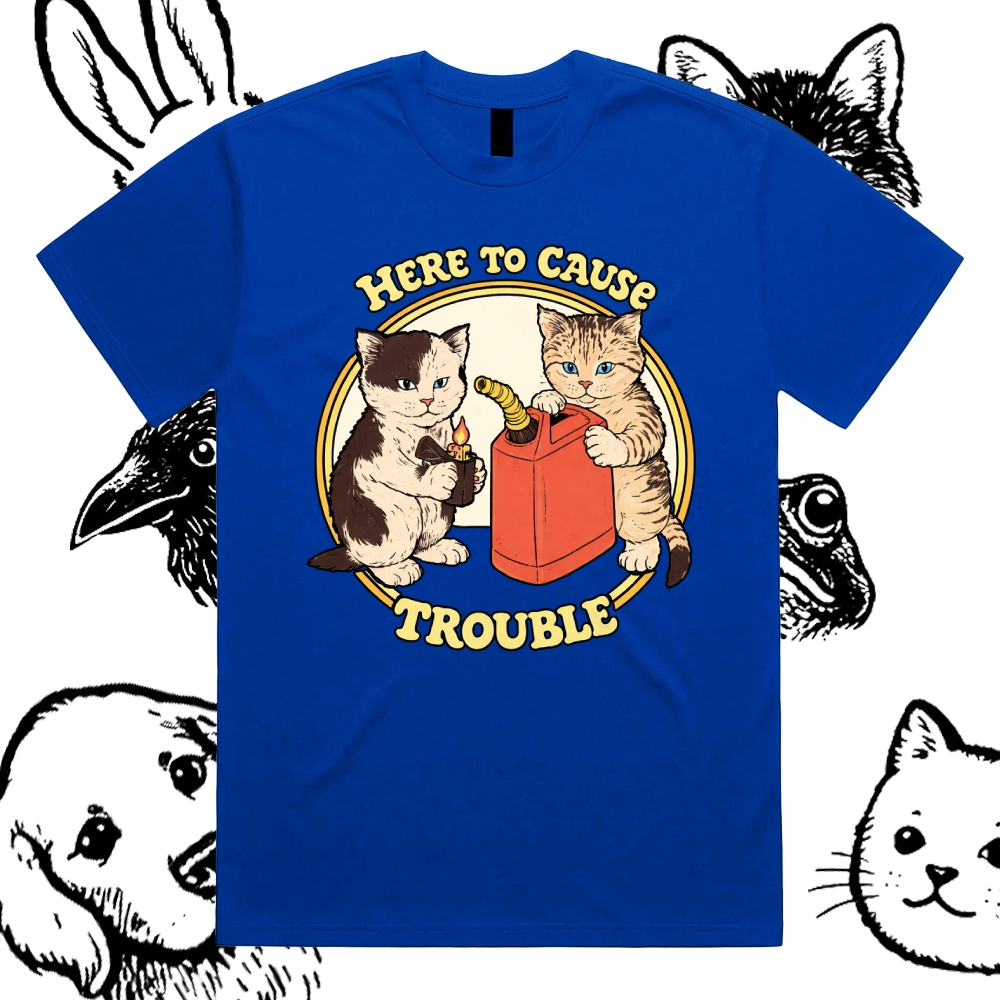 Here To Cause Trouble - Cotton Classic Fit Retro Dark Humor Graphic Tee