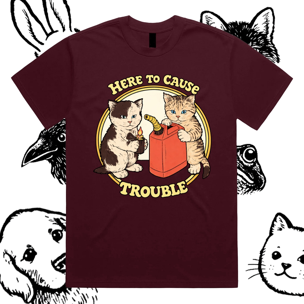 Here To Cause Trouble - Cotton Classic Fit Retro Dark Humor Graphic Tee