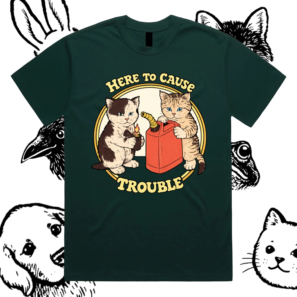 Here To Cause Trouble - Cotton Classic Fit Retro Dark Humor Graphic Tee