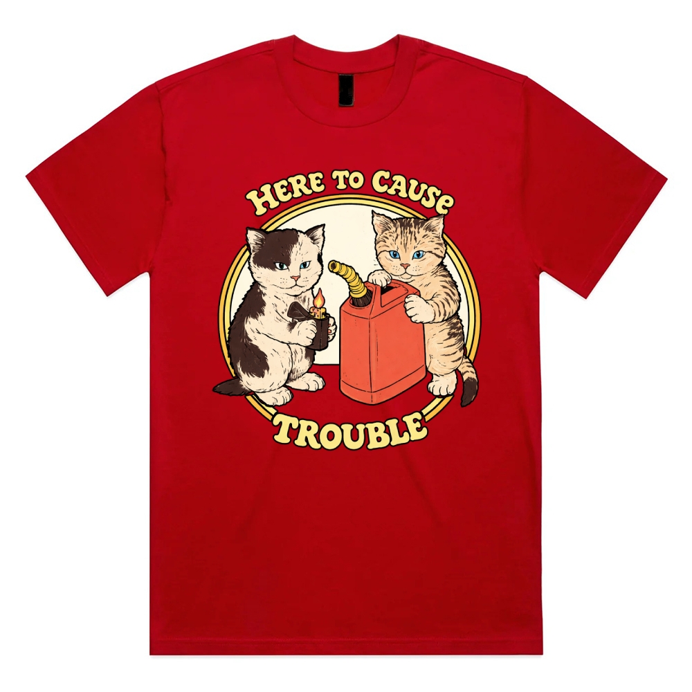 Here To Cause Trouble - Cotton Classic Fit Retro Dark Humor Graphic Tee