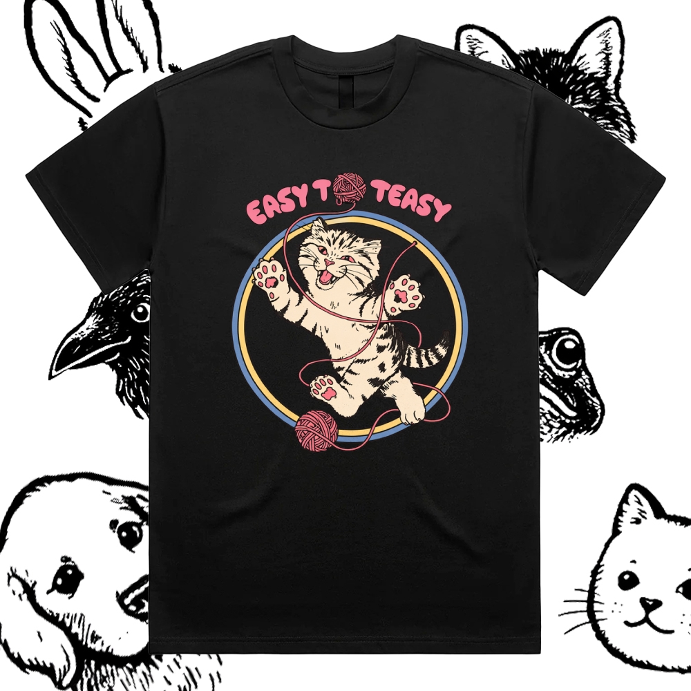 A playful “EASY To EASY” graphic tee featuring a happy kitten tangled in yarn.