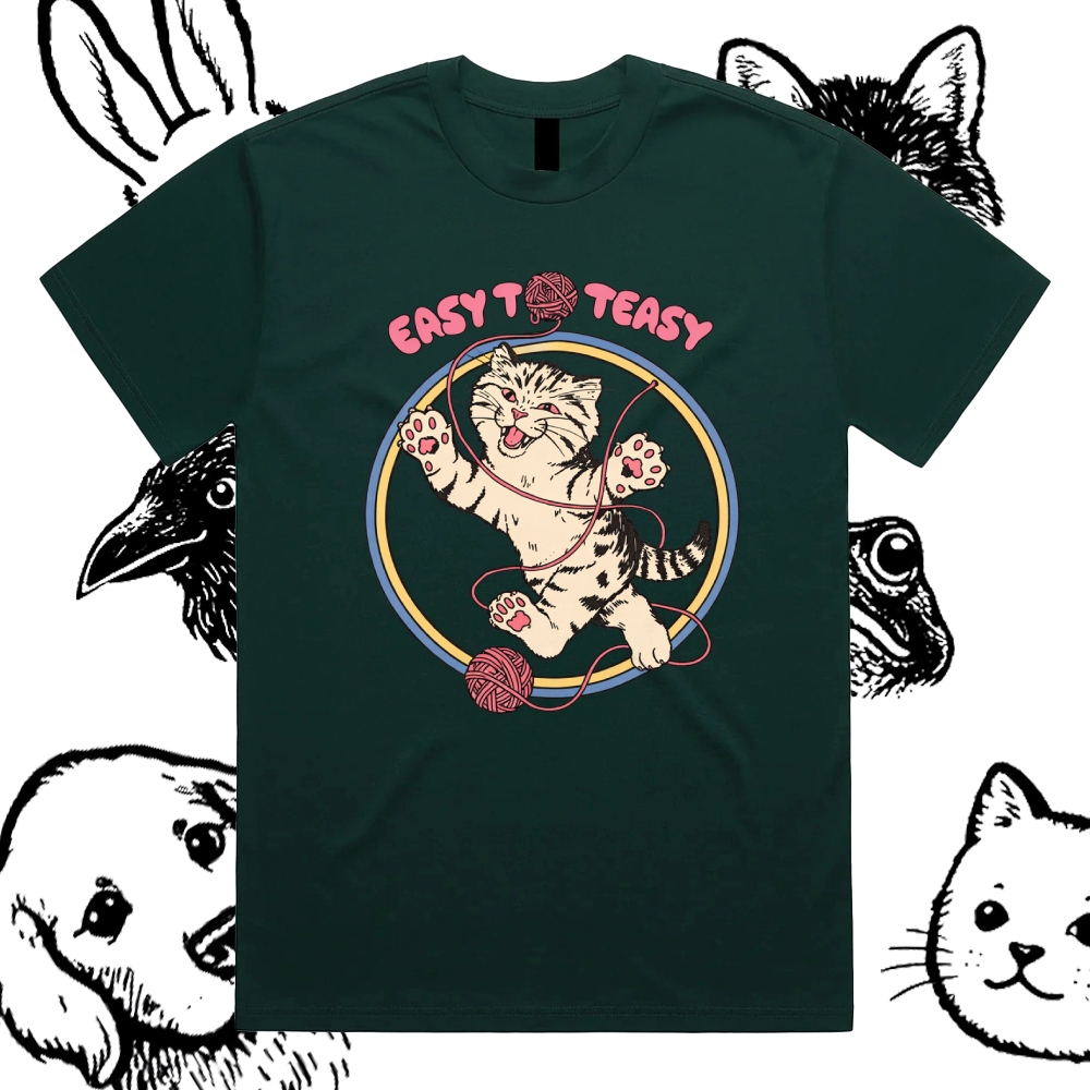 A playful “EASY To EASY” graphic tee featuring a happy kitten tangled in yarn.