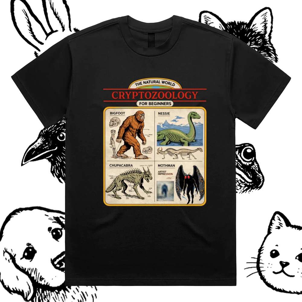 Cryptozoology For Beginners - Cotton Classic Fit Retro Dark Humor Graphic Tee