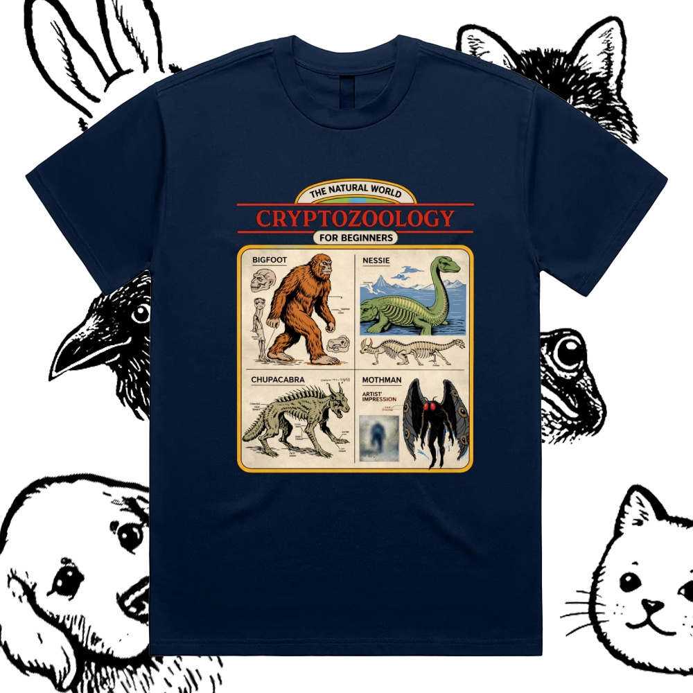Cryptozoology For Beginners - Cotton Classic Fit Retro Dark Humor Graphic Tee
