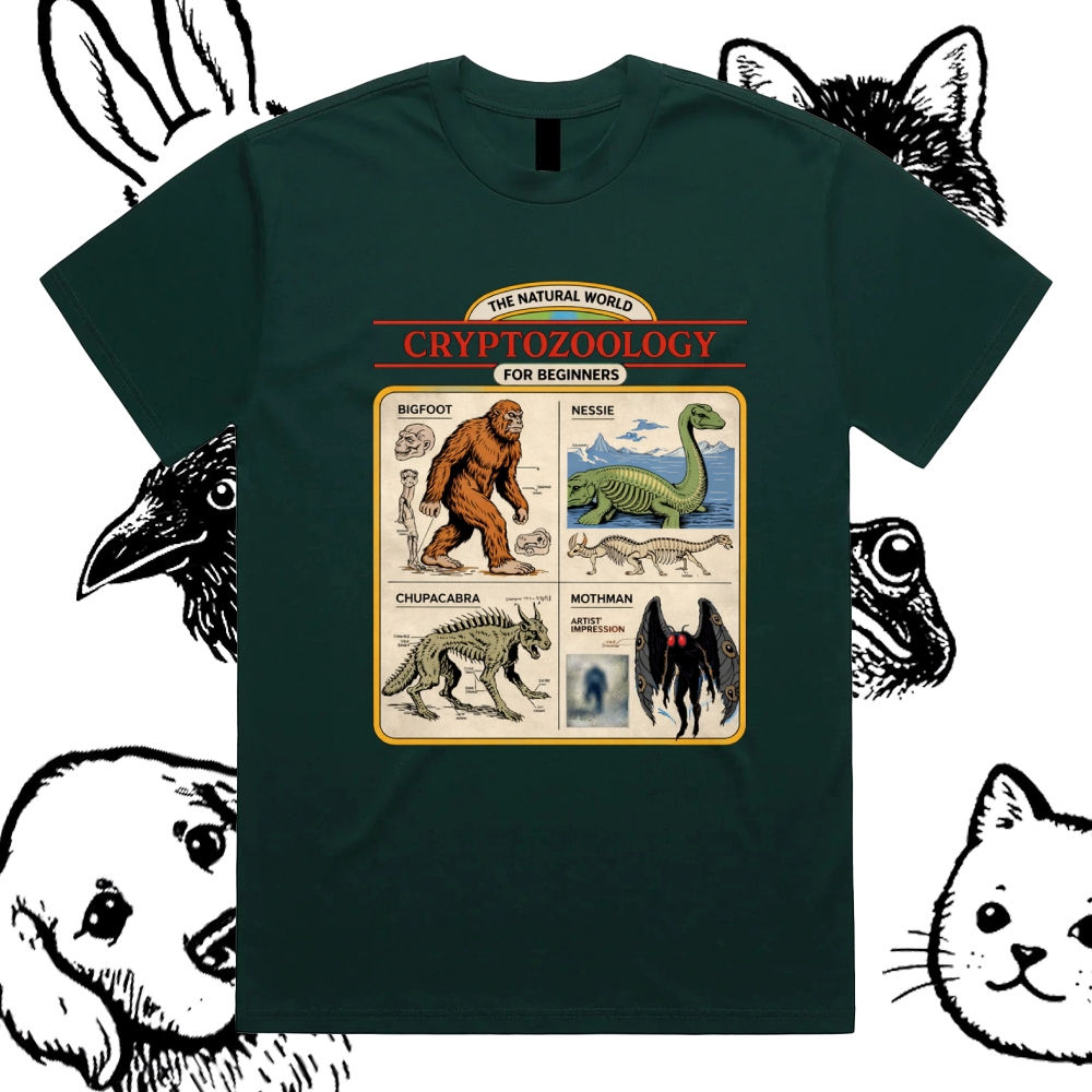 Cryptozoology For Beginners - Cotton Classic Fit Retro Dark Humor Graphic Tee