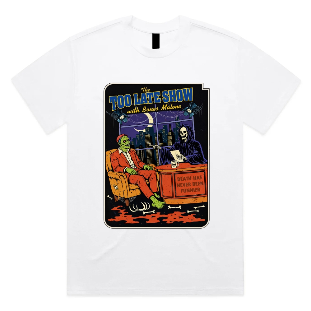 Too Late Show With Bones Malone - Cotton Classic Fit Retro Dark Humor Graphic Tee