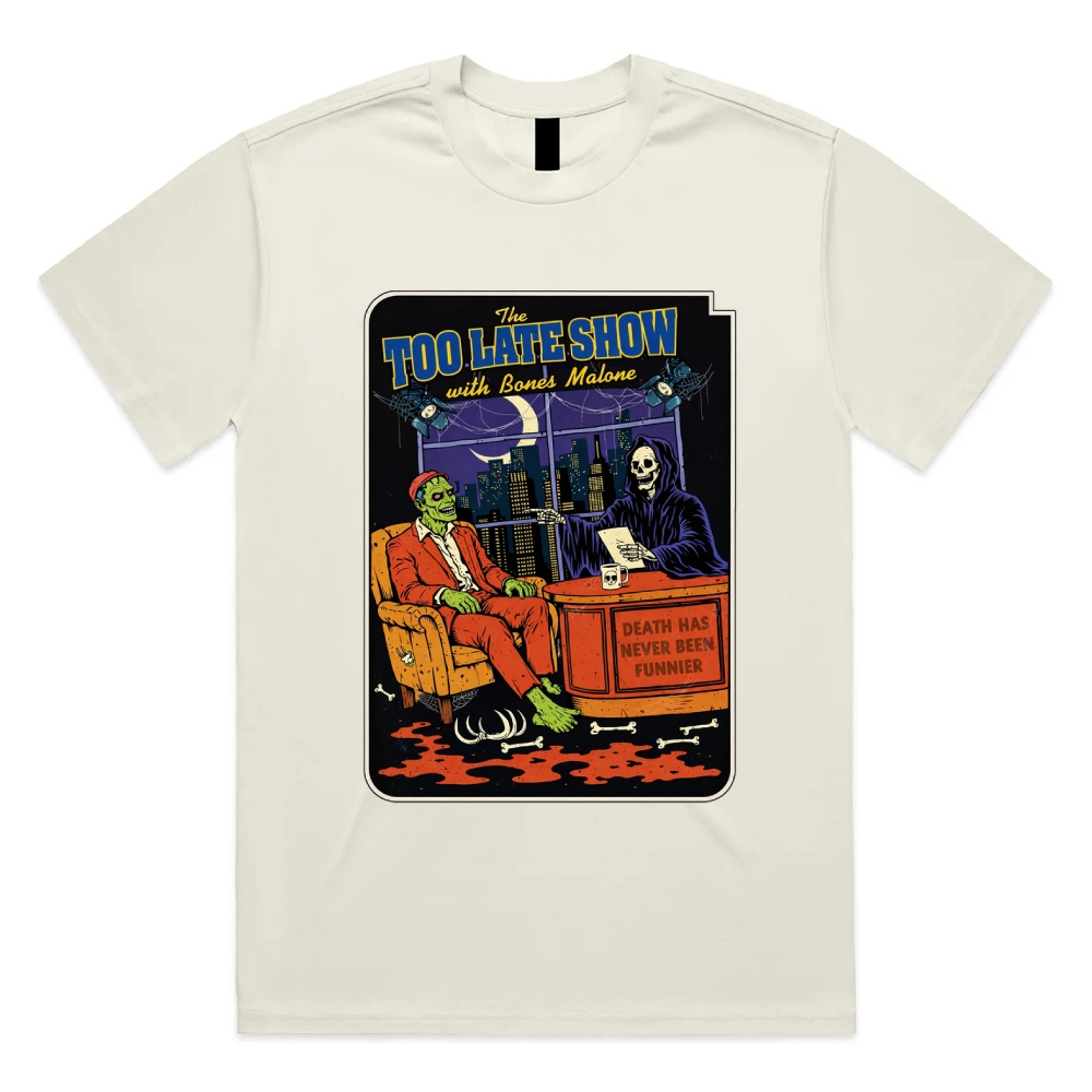 Too Late Show With Bones Malone - Cotton Classic Fit Retro Dark Humor Graphic Tee