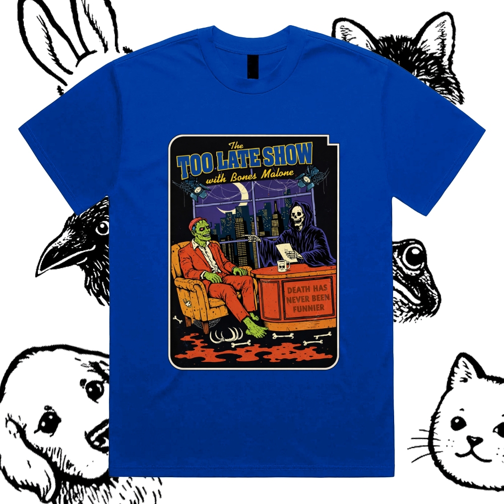 Too Late Show With Bones Malone - Cotton Classic Fit Retro Dark Humor Graphic Tee