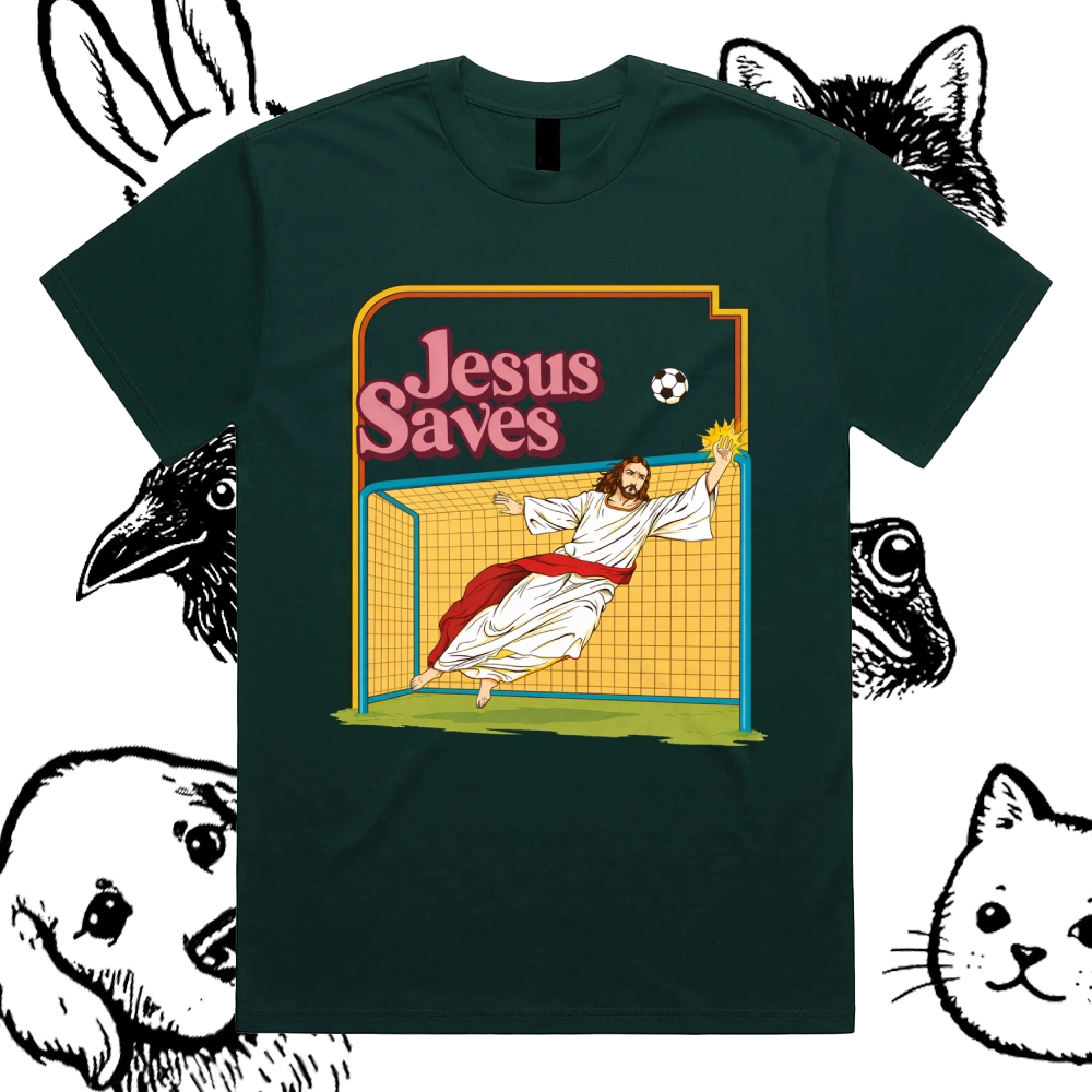 Jesus Saves - Cotton Classic Fit Retro Dark Humor Graphic Tee