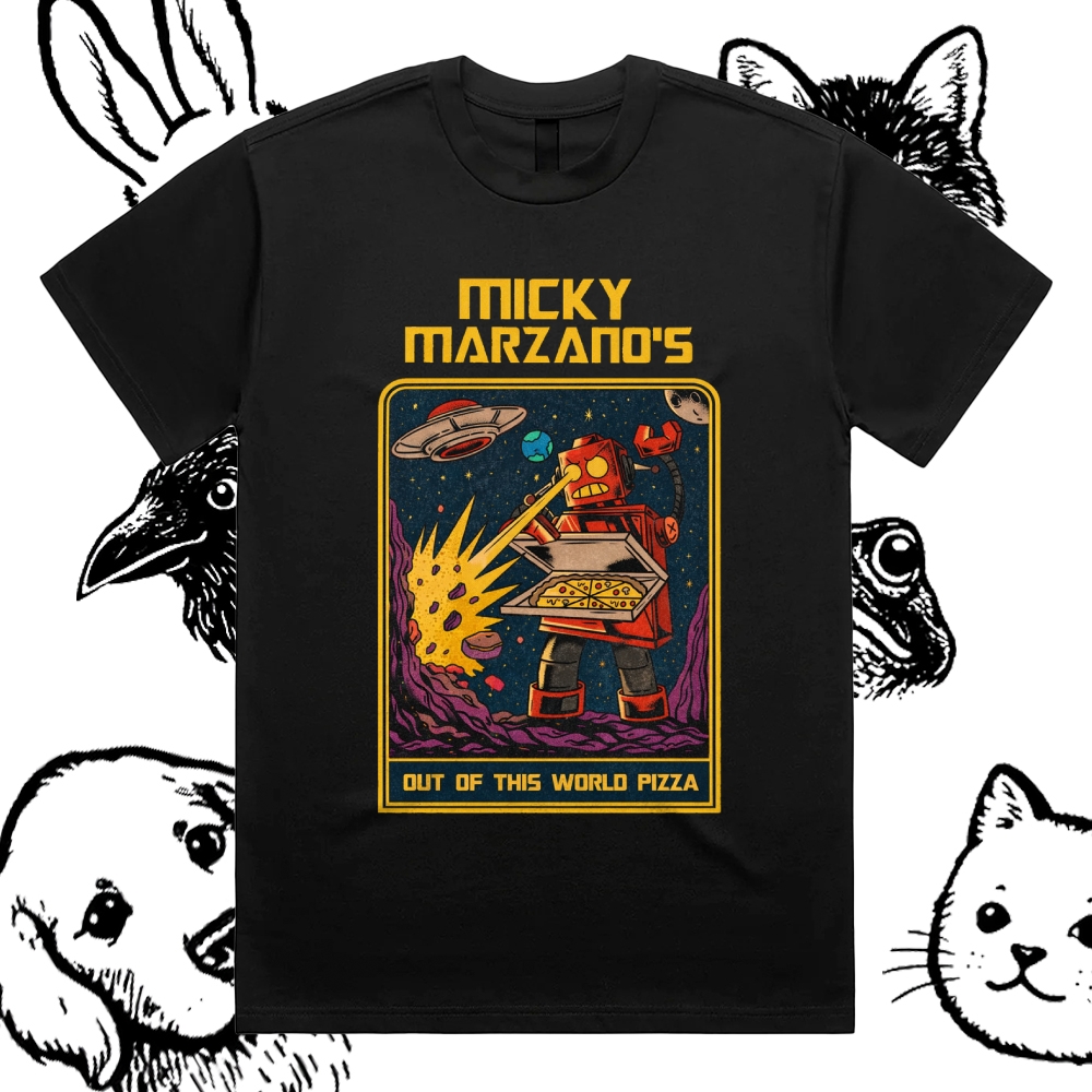 Micky Marzano's Out of This World Pizza - Cotton Classic Fit Retro Dark Humor Graphic Tee