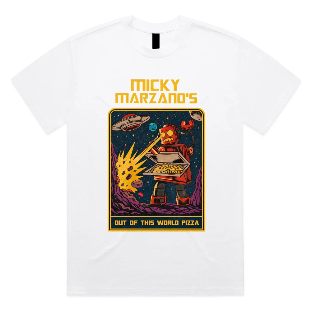 Micky Marzano's Out of This World Pizza - Cotton Classic Fit Retro Dark Humor Graphic Tee
