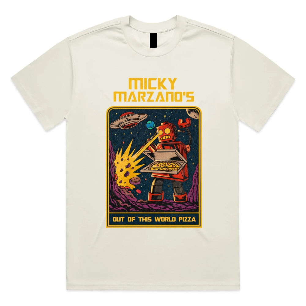 Micky Marzano's Out of This World Pizza - Cotton Classic Fit Retro Dark Humor Graphic Tee
