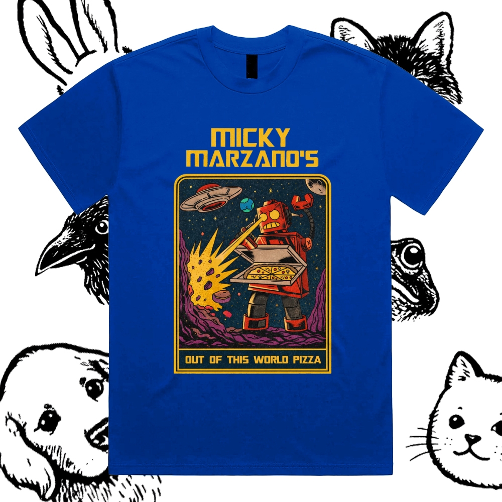 Micky Marzano's Out of This World Pizza - Cotton Classic Fit Retro Dark Humor Graphic Tee