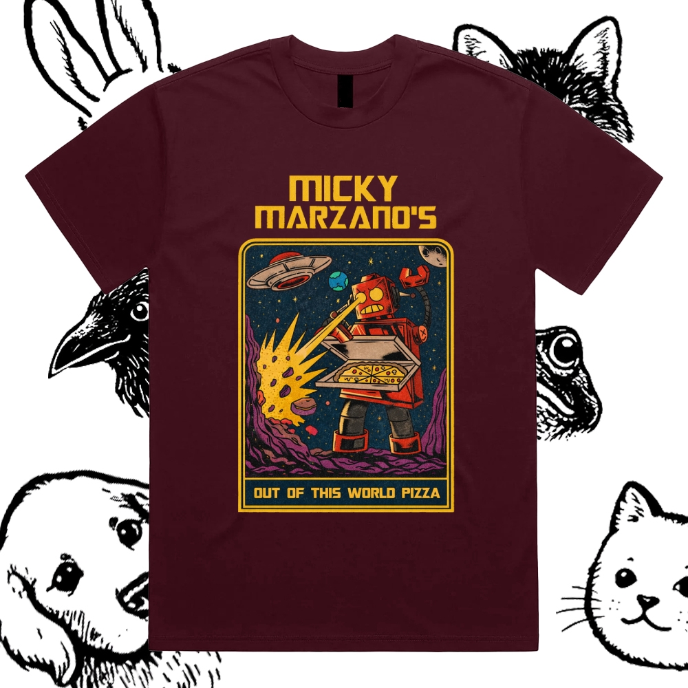 Micky Marzano's Out of This World Pizza - Cotton Classic Fit Retro Dark Humor Graphic Tee