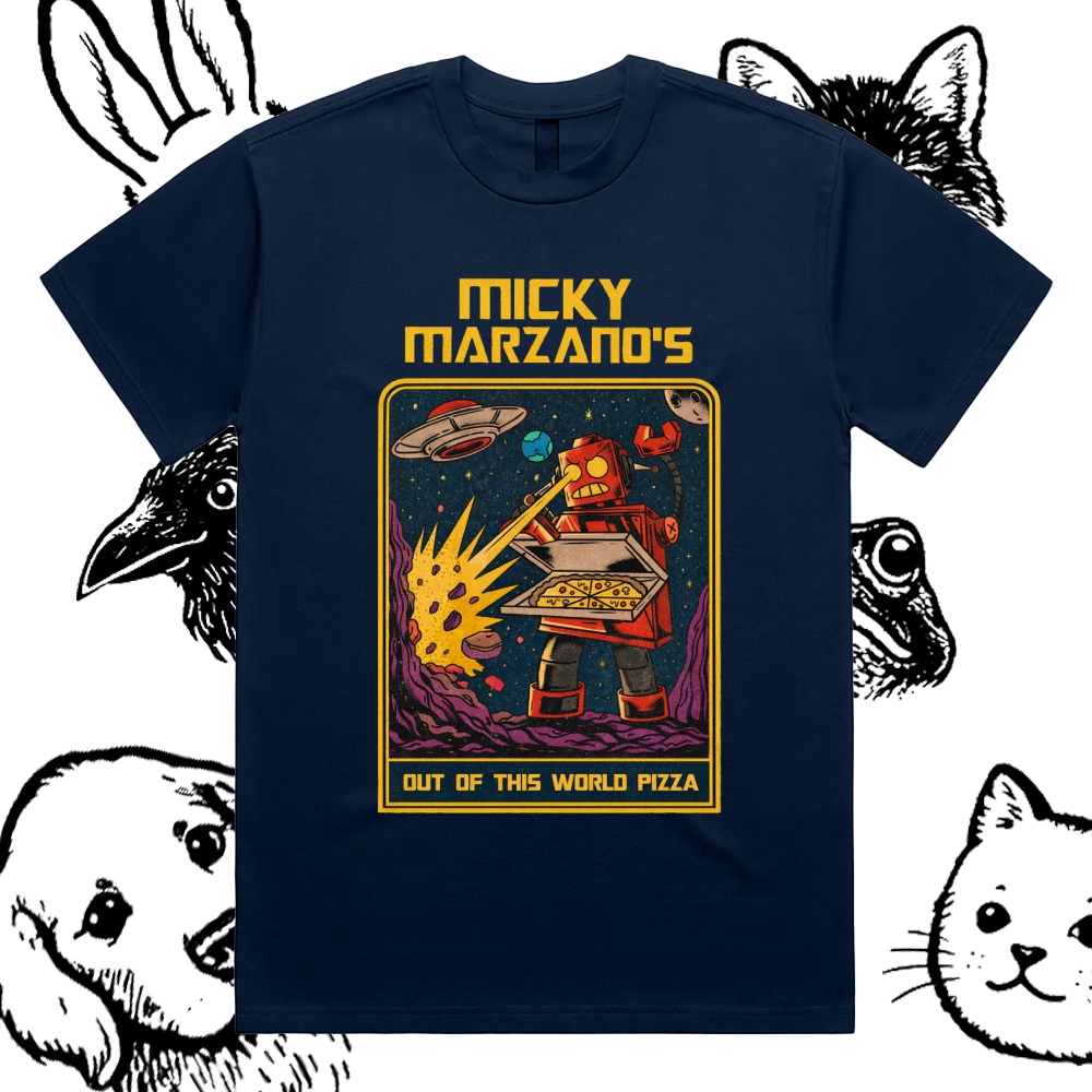 Micky Marzano's Out of This World Pizza - Cotton Classic Fit Retro Dark Humor Graphic Tee