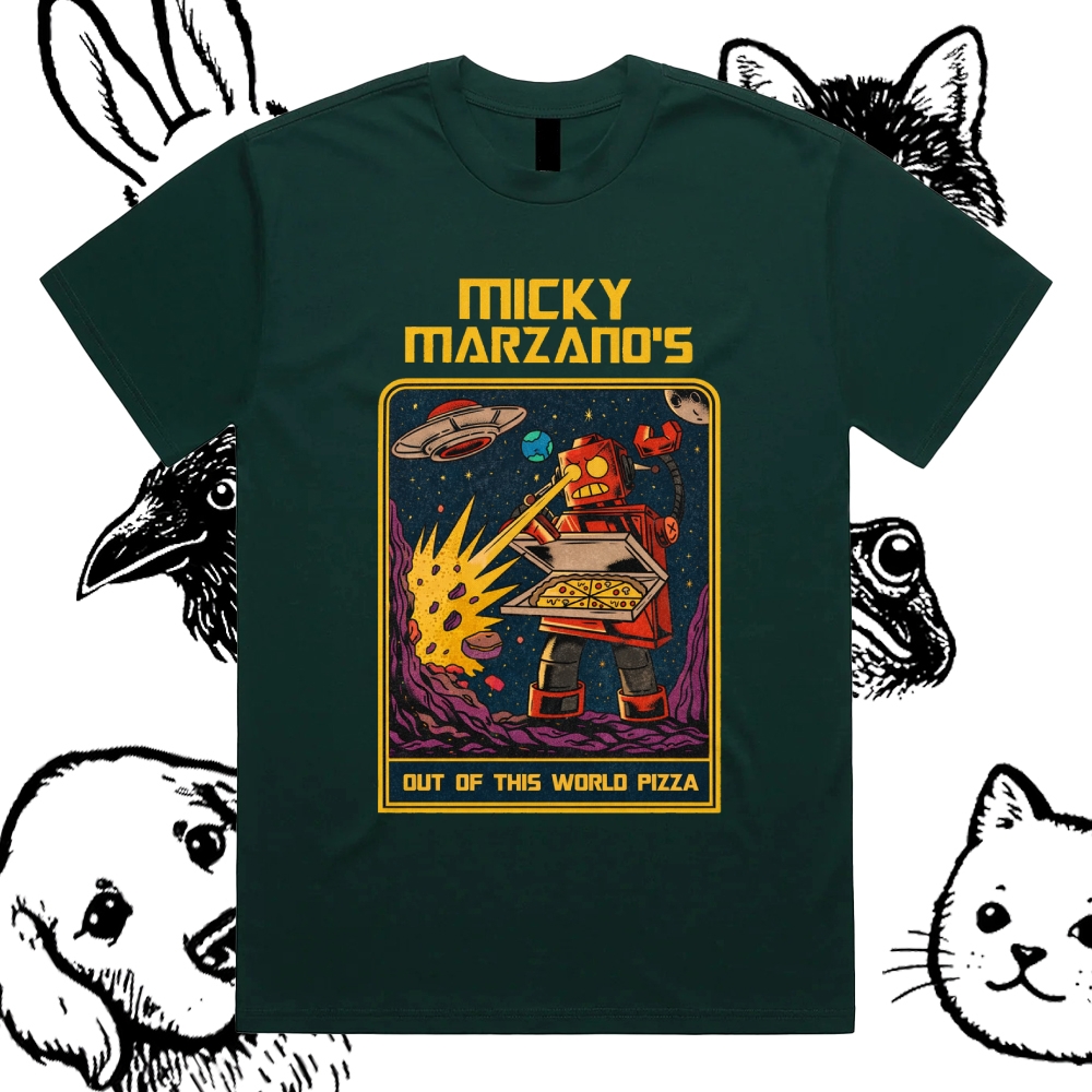 Micky Marzano's Out of This World Pizza - Cotton Classic Fit Retro Dark Humor Graphic Tee