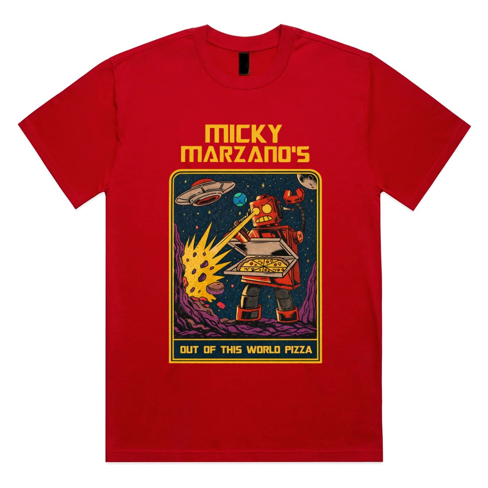 Micky Marzano's Out of This World Pizza - Cotton Classic Fit Retro Dark Humor Graphic Tee