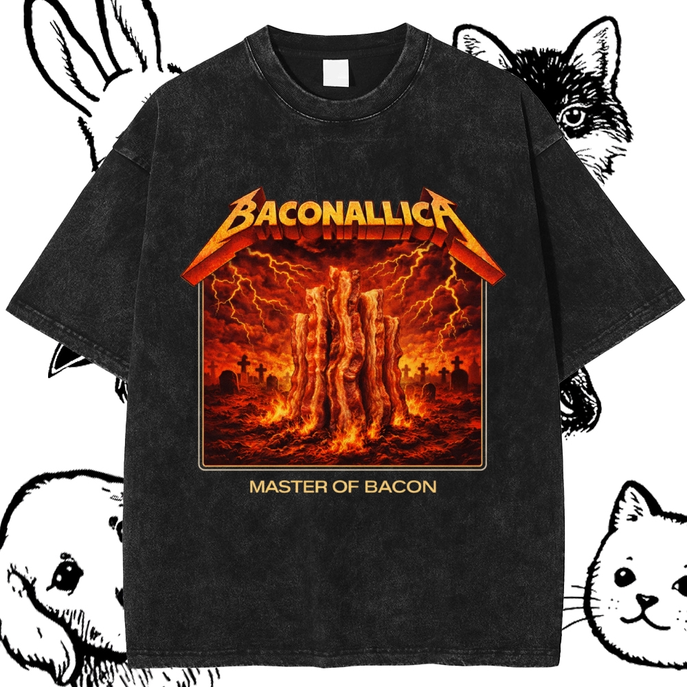 Baconallica Master Of Bacon Retro Metal Cotton Vintage Wash Classic Graphic Tee