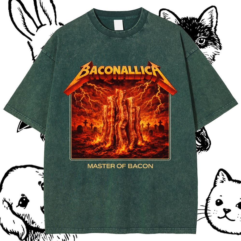 Baconallica Master Of Bacon Retro Metal Cotton Vintage Wash Classic Graphic Tee