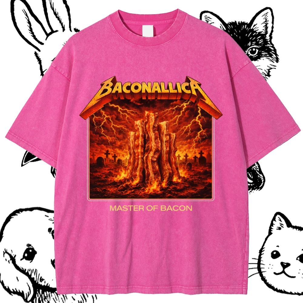 Baconallica Master Of Bacon Retro Metal Cotton Vintage Wash Classic Graphic Tee