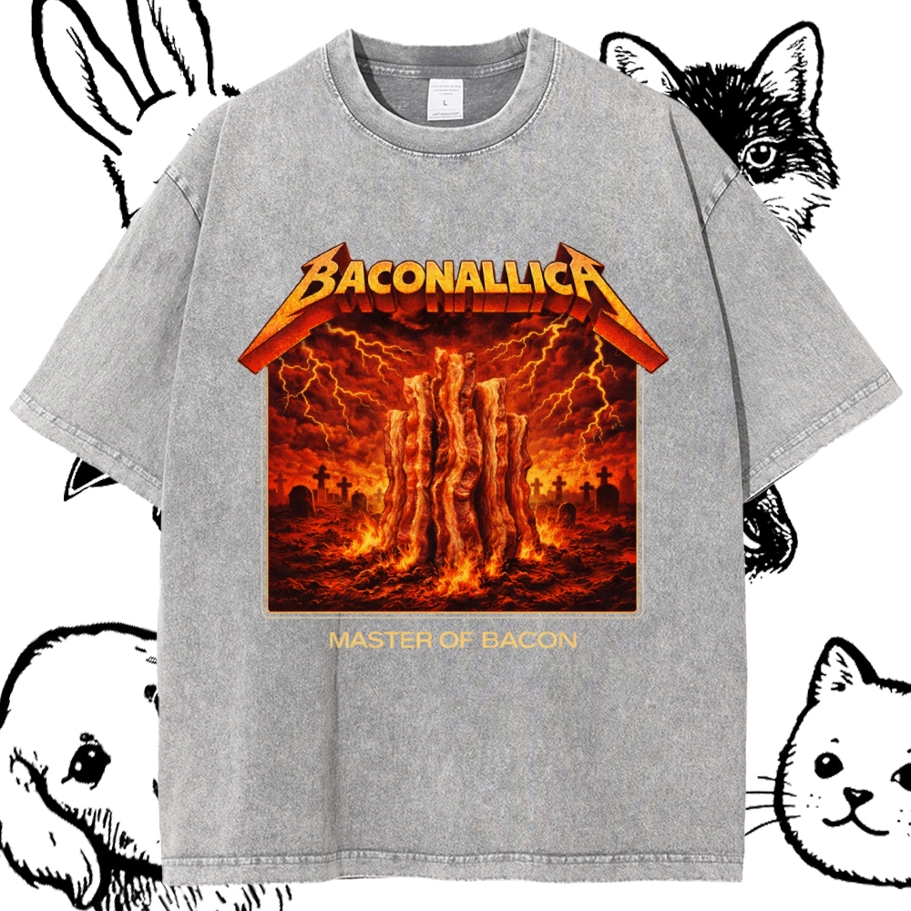 Baconallica Master Of Bacon Retro Metal Cotton Vintage Wash Classic Graphic Tee
