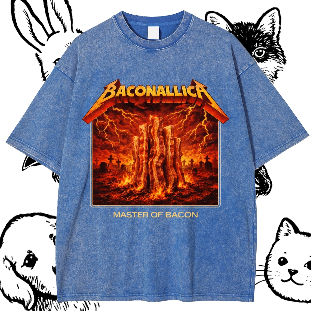 Baconallica Master Of Bacon Retro Metal Cotton Vintage Wash Classic Graphic Tee