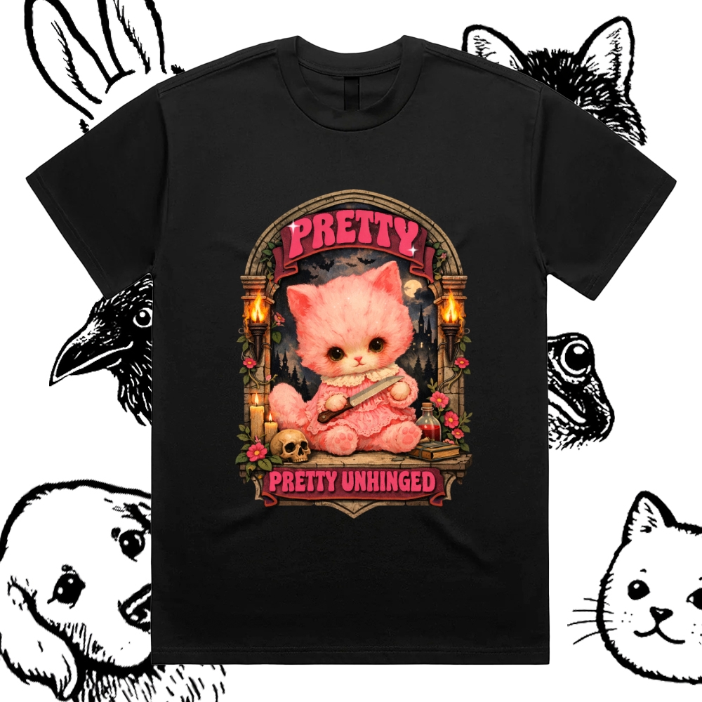 Pretty Unhinged Gothic Kitten Cotton Classic Fit Retro Dark Humor Graphic Tee