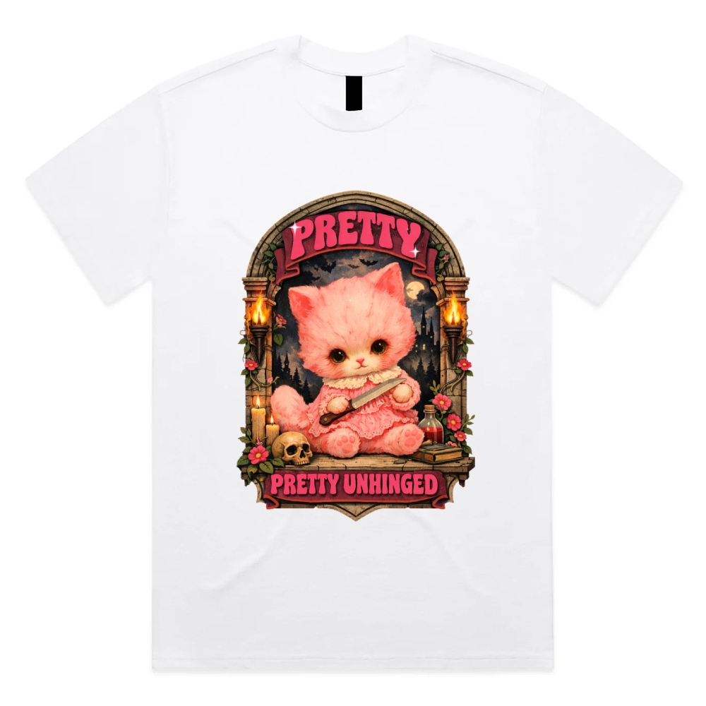 Pretty Unhinged Gothic Kitten Cotton Classic Fit Retro Dark Humor Graphic Tee