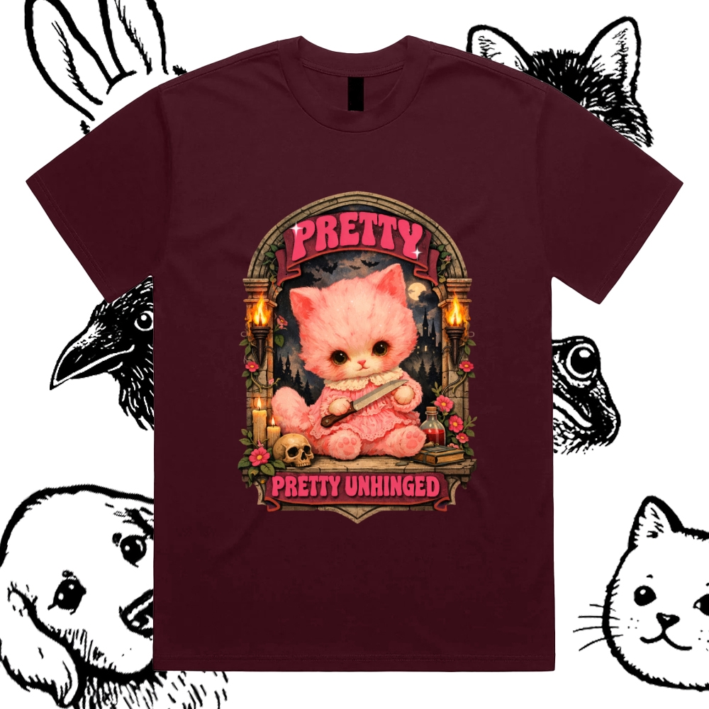 Pretty Unhinged Gothic Kitten Cotton Classic Fit Retro Dark Humor Graphic Tee