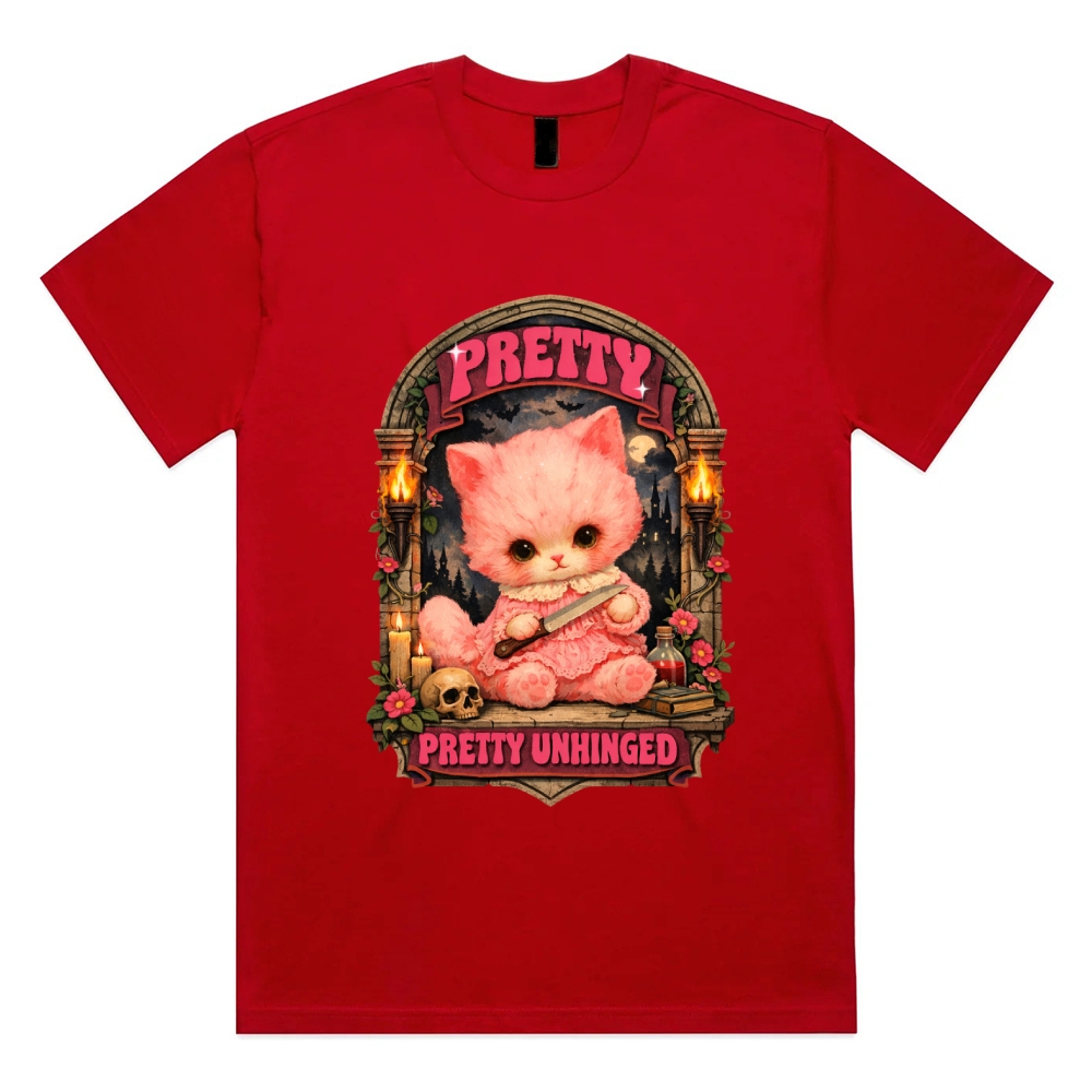 Pretty Unhinged Gothic Kitten Cotton Classic Fit Retro Dark Humor Graphic Tee