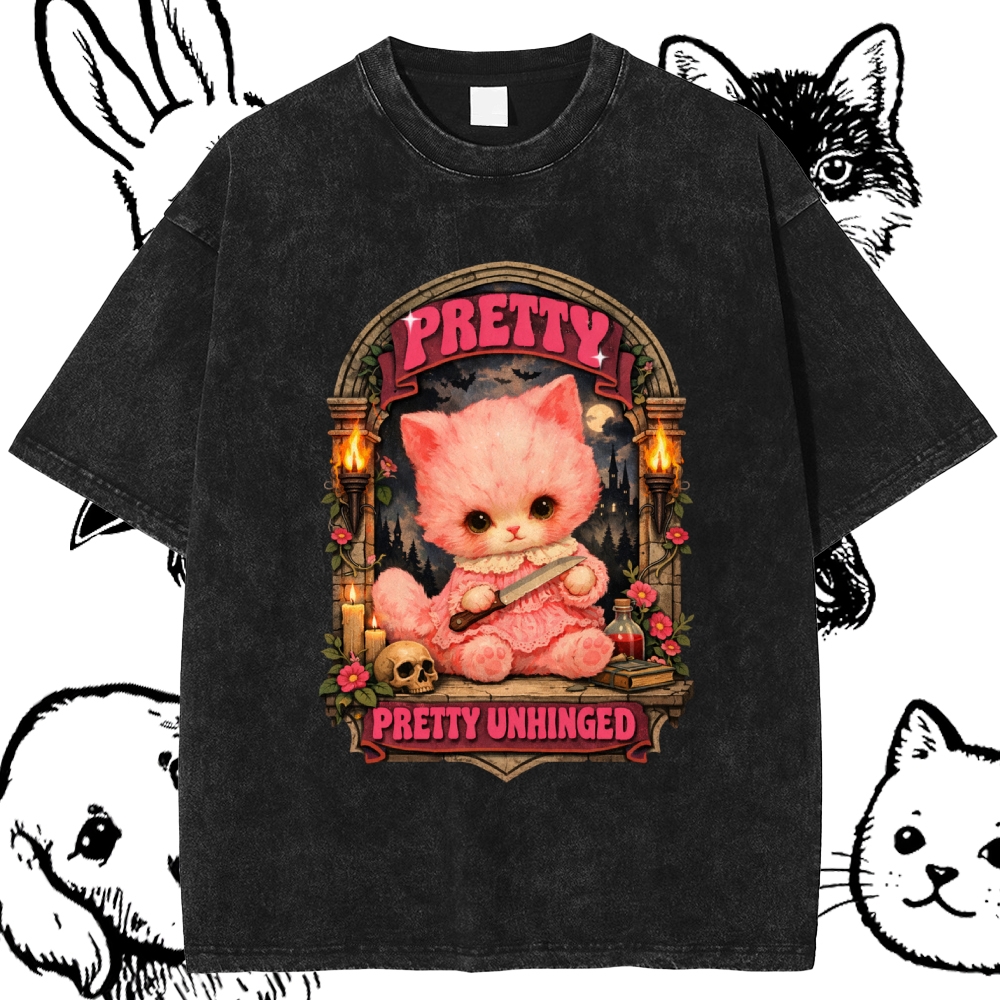 Pretty Unhinged Gothic Kitten Cotton Vintage Wash Classic Graphic Tee