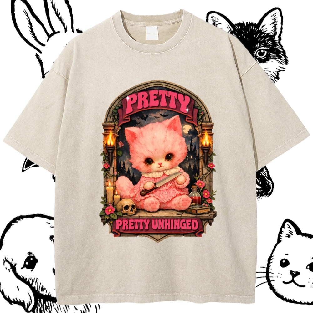 Pretty Unhinged Gothic Kitten Cotton Vintage Wash Classic Graphic Tee