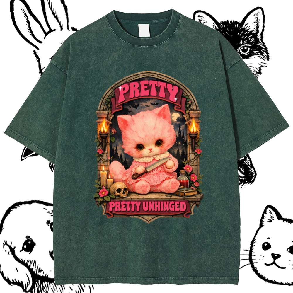 Pretty Unhinged Gothic Kitten Cotton Vintage Wash Classic Graphic Tee