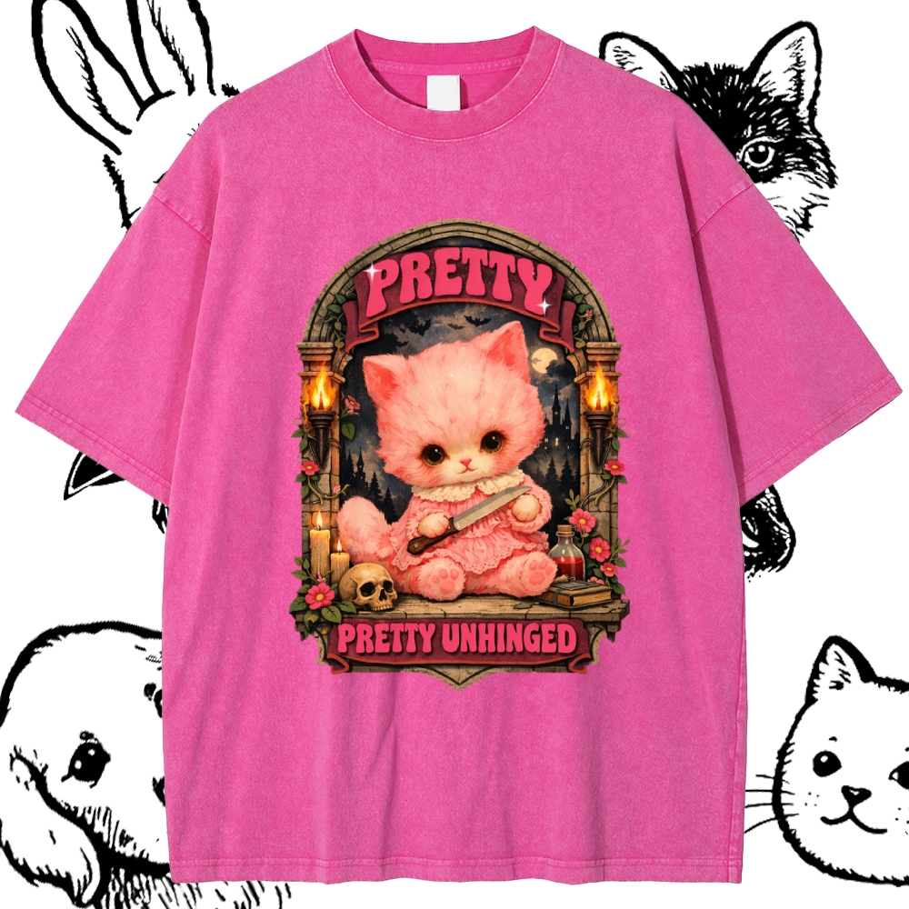 Pretty Unhinged Gothic Kitten Cotton Vintage Wash Classic Graphic Tee