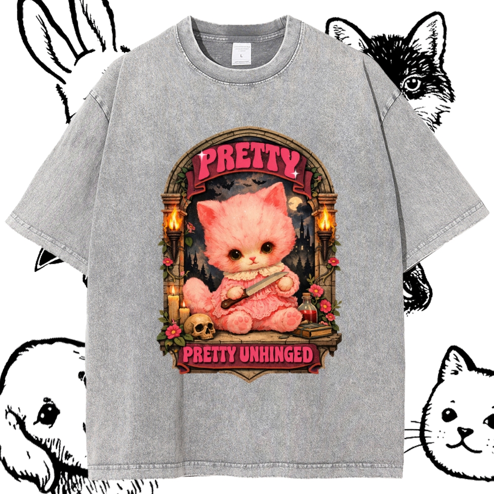 Pretty Unhinged Gothic Kitten Cotton Vintage Wash Classic Graphic Tee