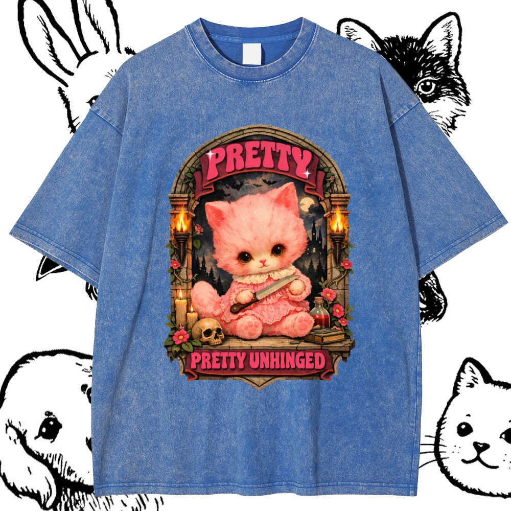 Pretty Unhinged Gothic Kitten Cotton Vintage Wash Classic Graphic Tee