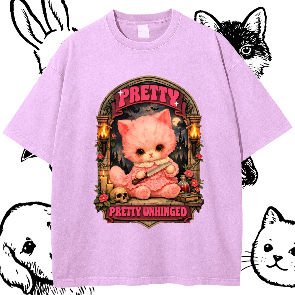 Pretty Unhinged Gothic Kitten Cotton Vintage Wash Classic Graphic Tee