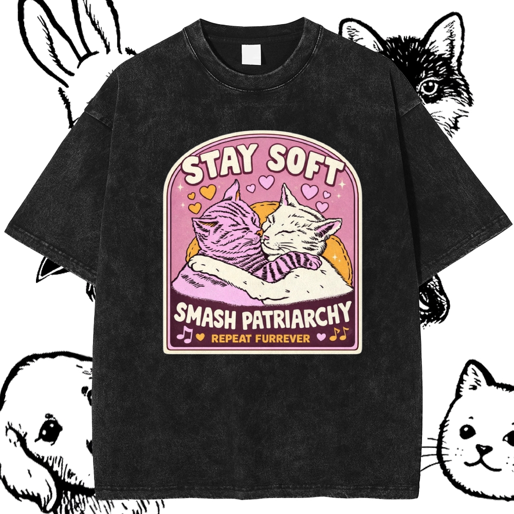 Cats Smash Patriarchy Cotton Vintage Wash Classic Graphic Tee