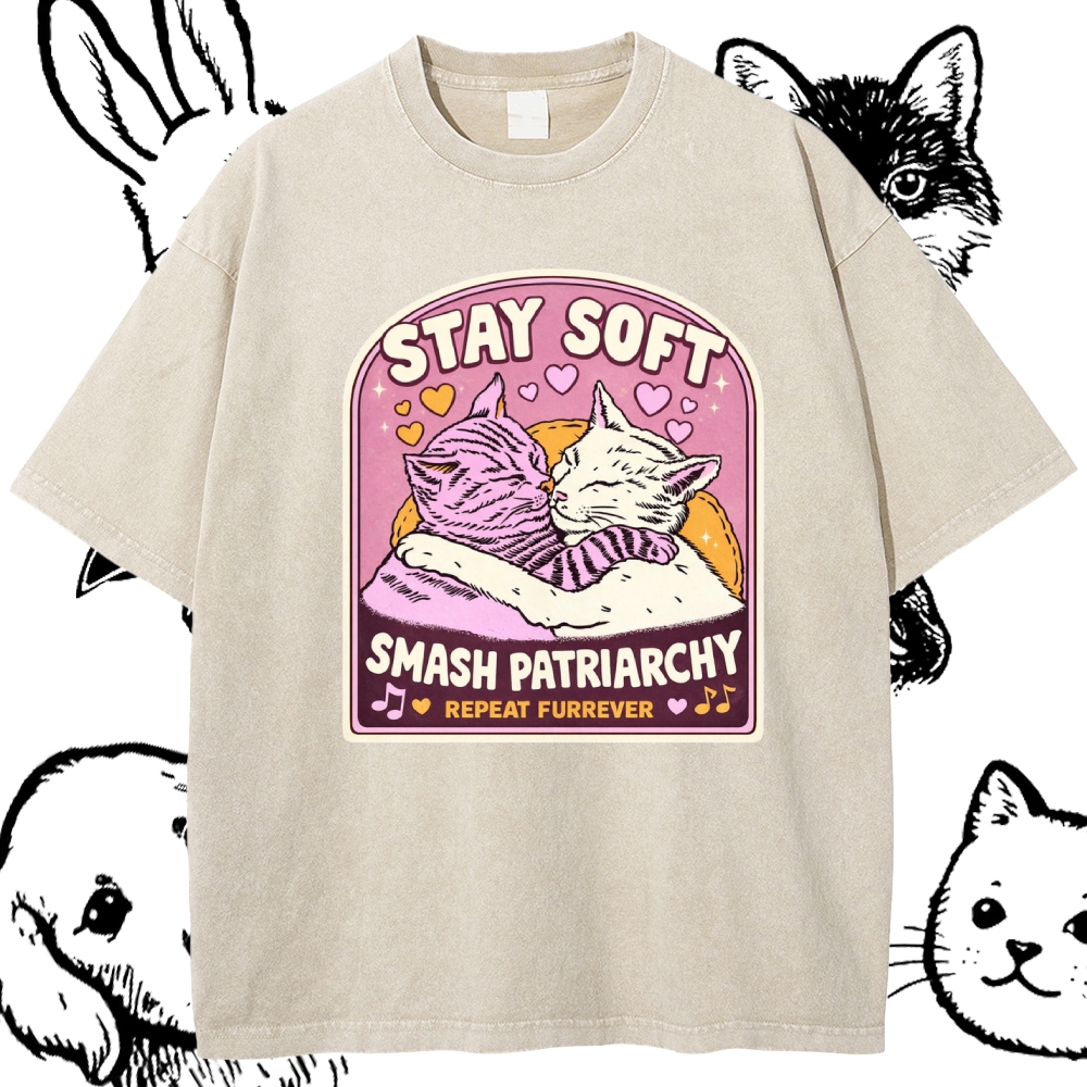 Cats Smash Patriarchy Cotton Vintage Wash Classic Graphic Tee
