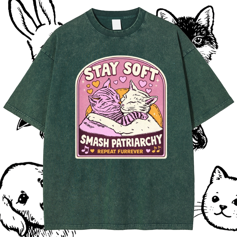 Cats Smash Patriarchy Cotton Vintage Wash Classic Graphic Tee