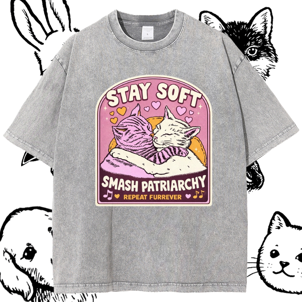 Cats Smash Patriarchy Cotton Vintage Wash Classic Graphic Tee