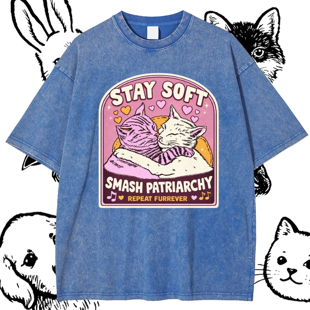 Cats Smash Patriarchy Cotton Vintage Wash Classic Graphic Tee