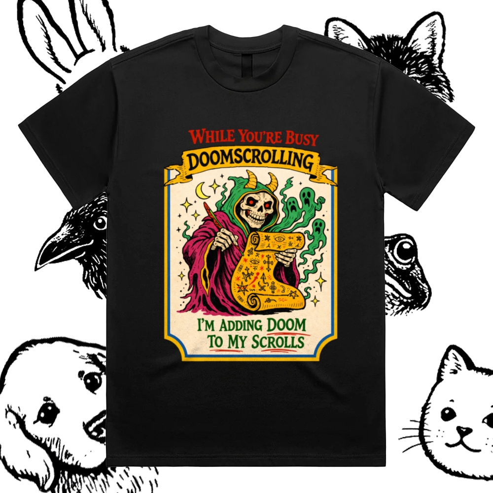 Adding Doom To My Scrolls Cotton Classic Fit Retro Dark Humor Graphic Tee