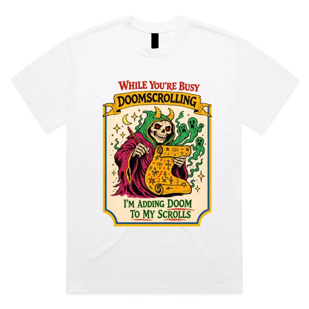 Adding Doom To My Scrolls Cotton Classic Fit Retro Dark Humor Graphic Tee