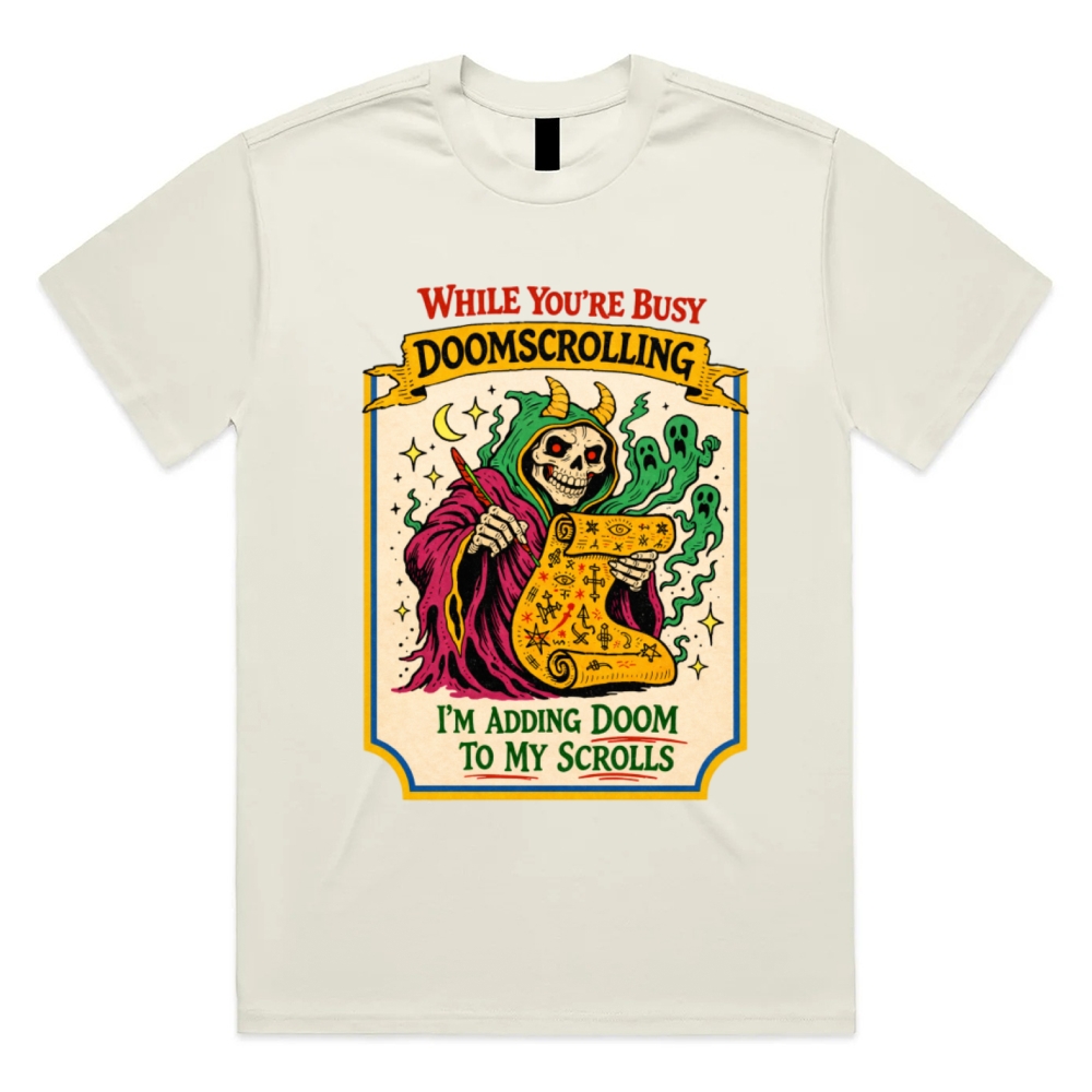 Adding Doom To My Scrolls Cotton Classic Fit Retro Dark Humor Graphic Tee