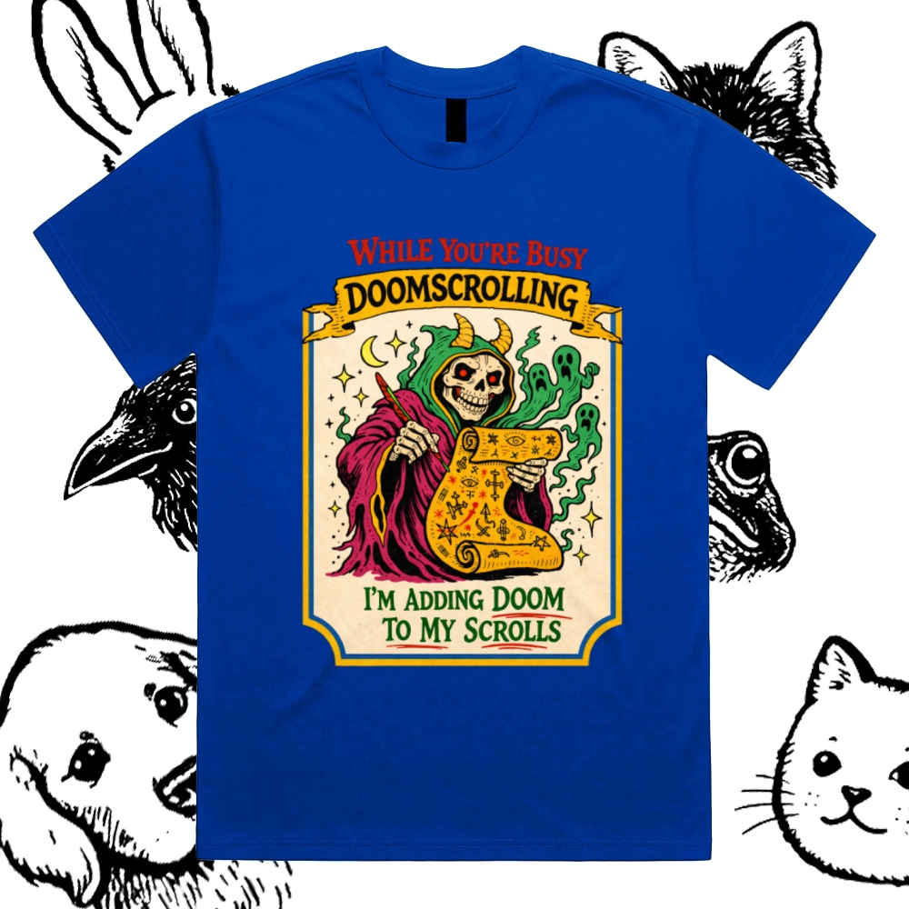 Adding Doom To My Scrolls Cotton Classic Fit Retro Dark Humor Graphic Tee