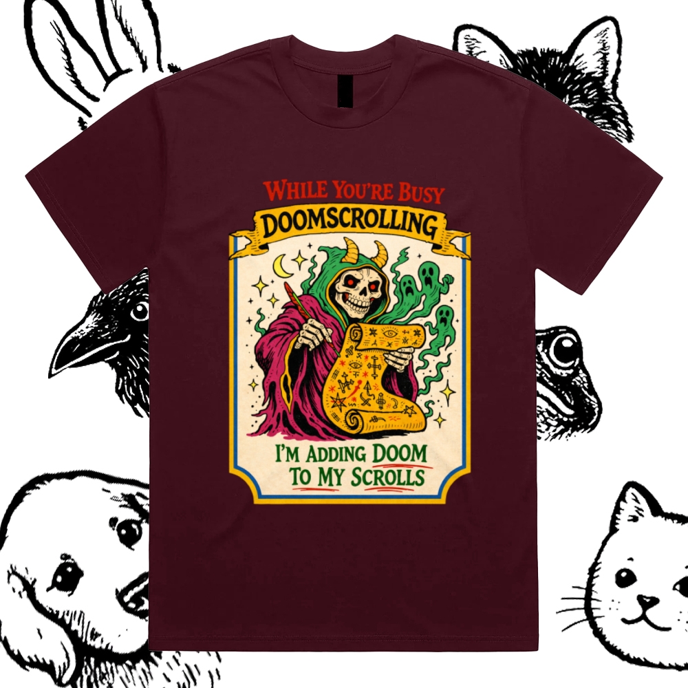 Adding Doom To My Scrolls Cotton Classic Fit Retro Dark Humor Graphic Tee