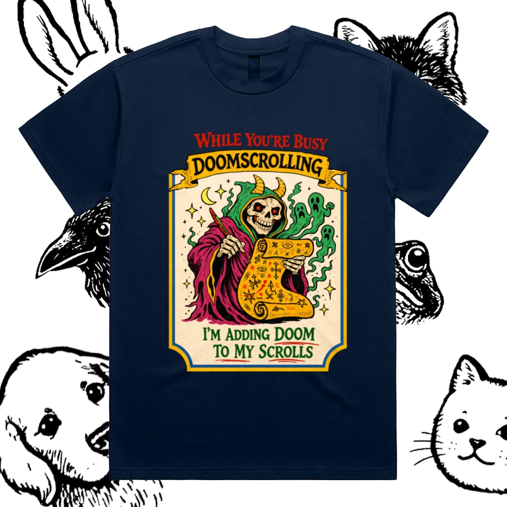 Adding Doom To My Scrolls Cotton Classic Fit Retro Dark Humor Graphic Tee