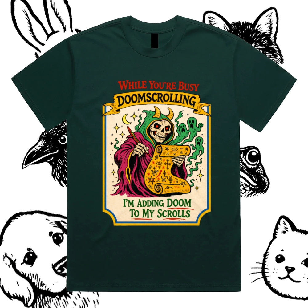 Adding Doom To My Scrolls Cotton Classic Fit Retro Dark Humor Graphic Tee